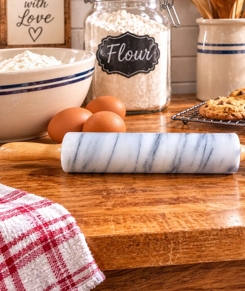 Marble Rolling Pin with Wood Handles - White Marble